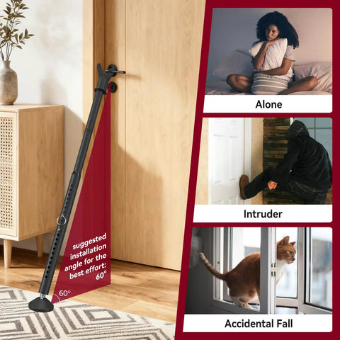 Heavy Duty Door Security Bar Adjustable Interior Reinforced Door Jammer With Steel Lock Pin For Sliding Glass Doors shown securing a door at a 60 degree angle.