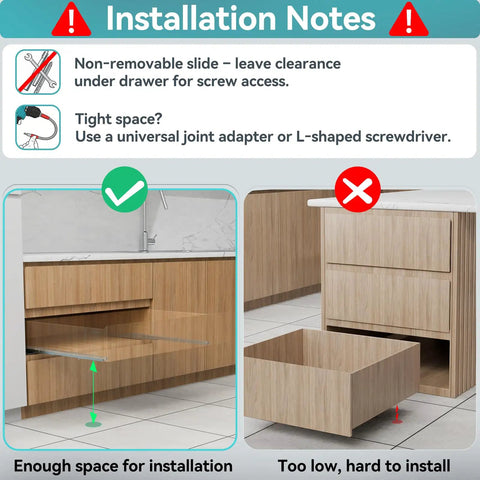 Installation notes for Heavy Duty 10 Inch Bottom Mount Soft Close Drawer Slides, showing clearance and tight space tips.