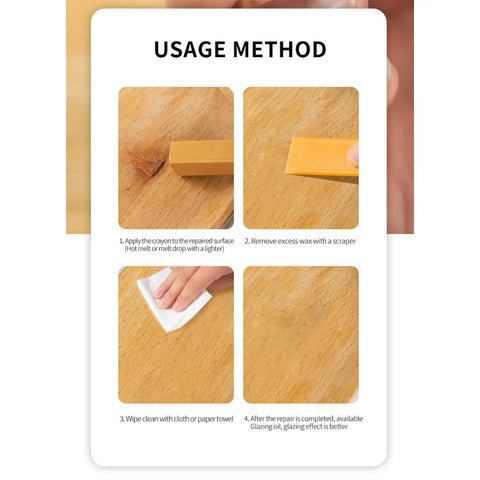 Instructions showing usage method for Heat Melt Wax Repair Stick For Wood Floors And Furniture, 11 Color Quick Fix Set.