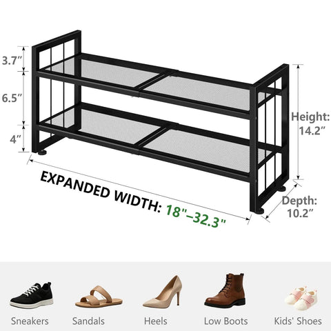 Expandable 2 Tier Metal Shoe Rack Stackable Closet Organizer Adjustable Entryway Storage Space Saver for Home Dorm Small Rooms Game Changer Organization King with dimensions and shoe types.