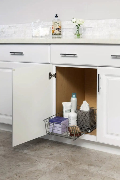 11 Inch Heavy Duty Slide Out Cabinet Organizer With Pull Out Pantry Shelf Drawer For Kitchen Bathroom And Laundry Room Nickel Smooth Glide Game Changer in open cabinet with cleaning supplies.