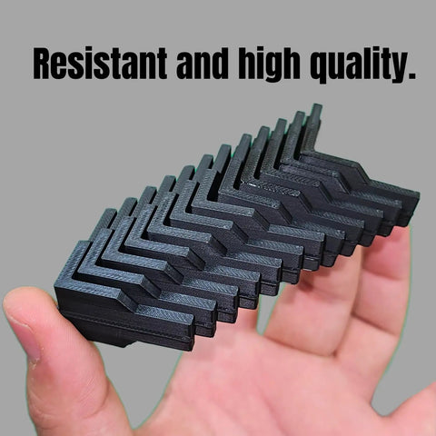 Twelve Pack Heavy Duty Corner Braces For Garage Shelving Systems Solid Black Steel Rack Connectors held in hand.