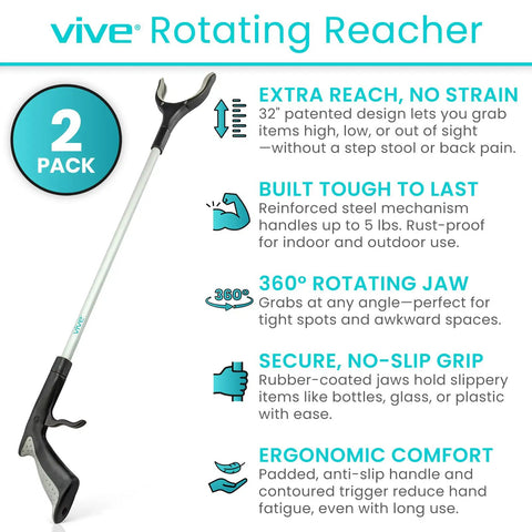 32 Inch Reacher Grabber Tool 2 Pack, Long Reach Trash Picker Upper With Rotating Head And Heavy Duty Grip, Garden Nabber For Litter, Seniors, Disabled, Handicap Arm, Easy Reach Behind Furniture