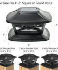 Solar Post Cap Lights With Flexfit Bases for 4x4, 5x5, and 6x6 wooden posts, black slate finish, size dimensions, 4 pack.