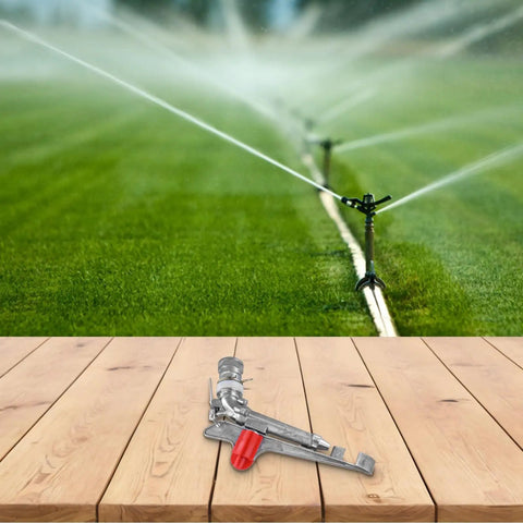 2 Inch Aluminum Agricultural Irrigation Sprinkler Head With 360 Degree Rotating Water Sprayer on wooden table
