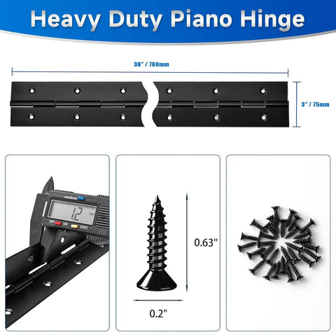 2 Pack Slick Black Stainless Steel Piano Hinges 30 Inch Long X 3 Inch Open Width Badass Rust Resistant Continuous Cabinet Hardware Saw Cuttable With Screws Included No Sweat Install with included screws.