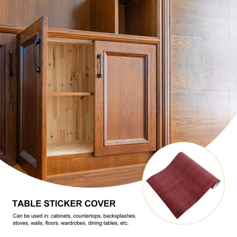 Brown Wood Grain Peel And Stick Wallpaper For Furniture Makeover Self Adhesive Cabinet Cover displayed on cabinets with wooden finish.