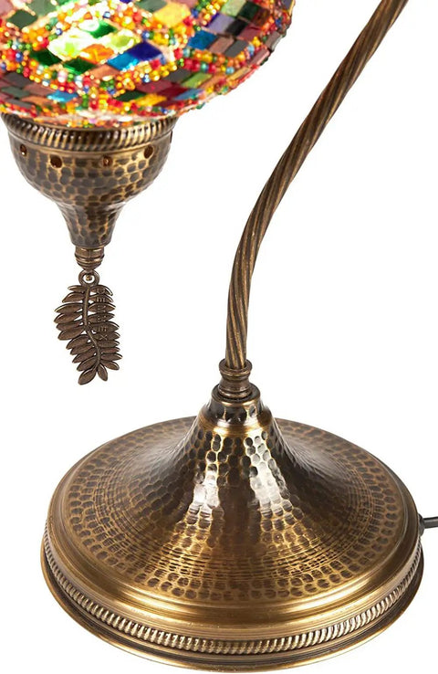 Handmade Tiffany Style Dope Colorful Mosaic Table Lamp With Swan Neck Glass Globe Metal Leaf Accent Antique Brass Hammered Finish