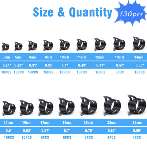 PEROMI 130pc spring band hose clamps set, 6–25mm, steel, black, front view