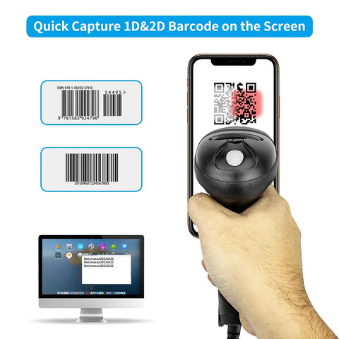 USB Barcode Scanner For Computers Handheld Wired 1D 2D Image Reader That Delivers Lightning Fast 300 Reads Per Second Reads QR PDF417 Data Matrix From Paper Or Screen Perfect For Inventory Libraries Stores And Warehouses Great For Busy Shops And scanning QR code on smartphone screen