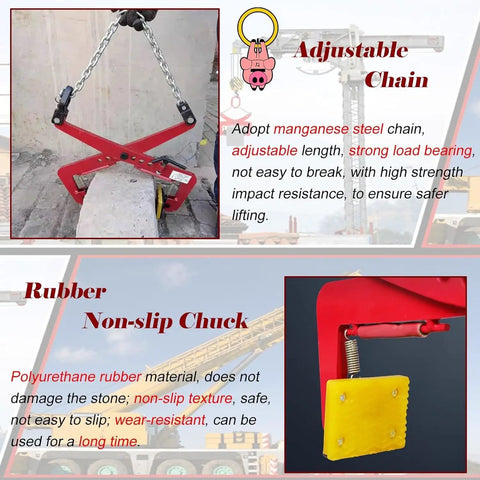 Heavy Duty Adjustable Stone Lifting Clamps For Vertical Plate Clamping And Rigging Features Alloy Steel Chain Links Adjusts 14.2 To 33.5 Inches, showing rubber non-slip chuck close-up.