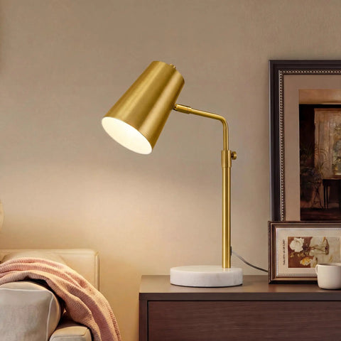 Gold Desk Lamp With LED Bulb Adjustable Brass Finish Metal Table Lamp With Marble Base on bedroom nightstand