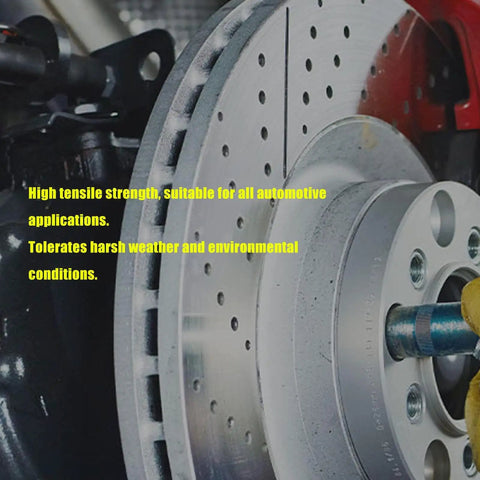 Close-up of a car brake disc and caliper with text. Focus: 5m Steel Brake Line Kit With PVF Coating For Durability, Universal Use.