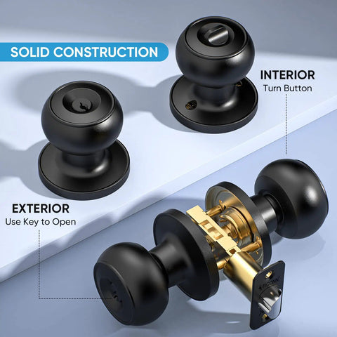 Matte Black Round Door Knob Set With Deadbolt For Indoor Doors, 5 Pack, Keyed Entry And Keyed Alike, Ball Style Display