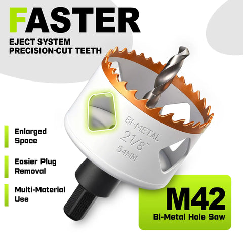 Close-up of bi-metal hole saw from Door Lock Installation Kit For Metal And Wood Doors With Adjustable Guide Template And Bi Metal Hole Saw Set 1 3 8 To 1 3 4 Inches Includes Extra Drill Bit And Screwdriver Bit For Deadbolt And Knob showing eject system and precision-cut teeth.
