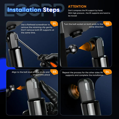 Installation steps for Heavy Duty Front Hood Lift Supports For Ford Explorer And Mercury Mountaineer 1996 To 2001 showing clip removal and alignment.
