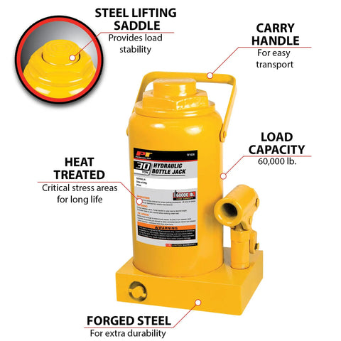 Heavy Duty 30 Ton Hydraulic Bottle Jack For Trucks And Garages Gearhead Ready 60,000 Lbs Lift Low Profile Design labeled features