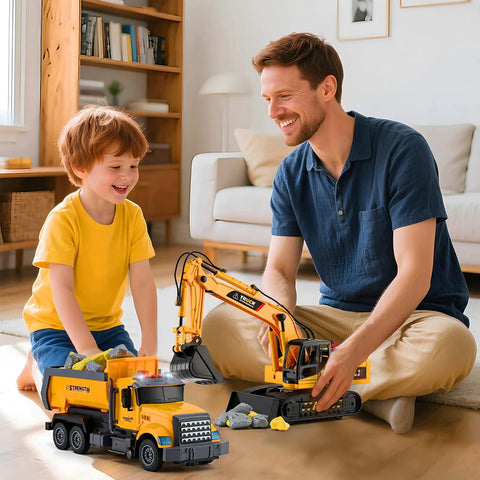 Two Pack Construction Truck Toys for Kids Ages 3 to 8, Moveable Claw Excavator and Lifting Dump Truck with Lights and Sounds