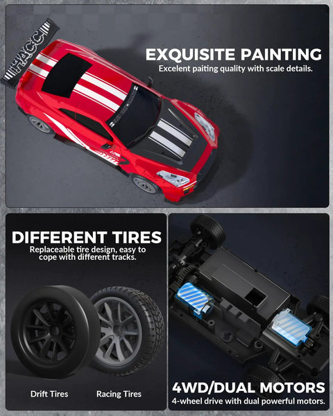 Crazy Fast 1 To 20 Scale RC Drift Car With LED Lights 4WD Remote Control Vehicle showing red design, tires, and dual motors.
