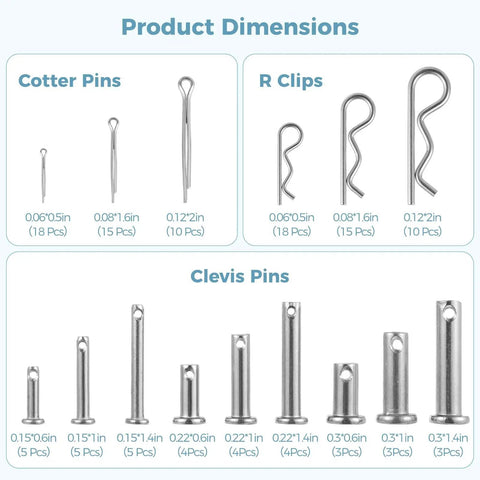 Diagram of Beefed Up 304 Stainless Steel Clevis Pins Kit For Cars And Trucks, showing cotter pins, R clips, and clevis pins dimensions.