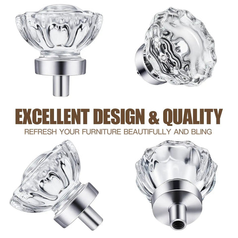 Top Shelf 8 Pack Vintage Crystal Cabinet Knobs With Sleek Chrome Bases Killer Retro Flower Drawer Pulls for Dresser Upgrade, 37mm x 36mm, crystal and chrome.