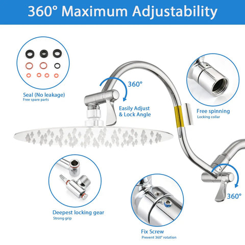 16 Inch Stainless Steel Shower Arm Extension With 360 Degree Rotation At Both Ends, Adjustable Height, Chrome Finish Diagram