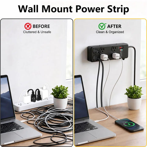 Wall mount Heavy Duty Surge Protector Packing 3000 Joule Surge Defense 6 Outlet Beefy Metal Power Strip In Black with organized wires.