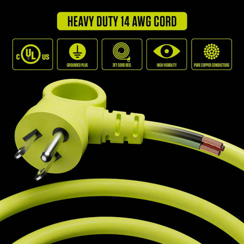 Close-up of 14AWG heavy duty cord showing plug and copper conductors for 3 Foot Retractable Cord Reel With 4 Grounded Outlets, Safety Overload Breaker And Power Switch, 14AWG Cable, Portable On The Go Heavy Duty Extension Lead For Home, Garage, And Job Sites.