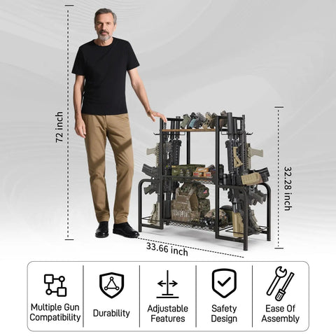 Built Like A Tank Vertical Floor Gun Rack Stores Eight Long Guns And Six Pistols With Rust Resistant Steel Frame, 72 inch tall with tactical gear.
