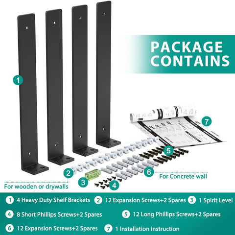 Heavy Duty Floating Shelf Brackets 12 Inch Black 4 Pack with screws, installation guide, and spirit level for wall mount.