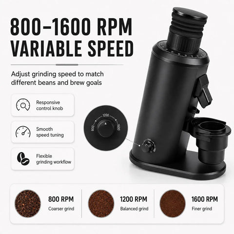 Kickstart Your Morning Grind With This Heavy Duty 80mm Flat Burr Coffee Grinder showcasing 800-1600 RPM variable speed adjustment.