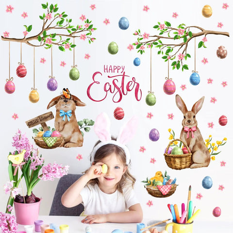 Happy Easter Totally Cute Wall Decals Set With Bunny And Eggs Tree Branch Design Peel And Stick Window Clings Decor