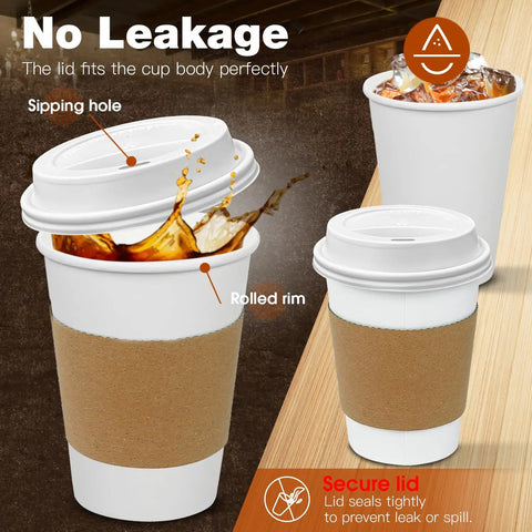 Leak-Proof 12 Oz Coffee Cups With Lids And Sleeves, 100 Pack, Disposable To Go Cups for easy transport, no spill features.
