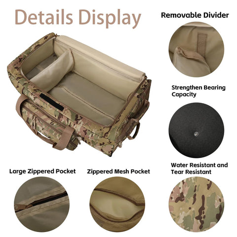 Interior features of heavy duty rolling duffle bag with removable divider, large zippered pocket, and water resistant material.