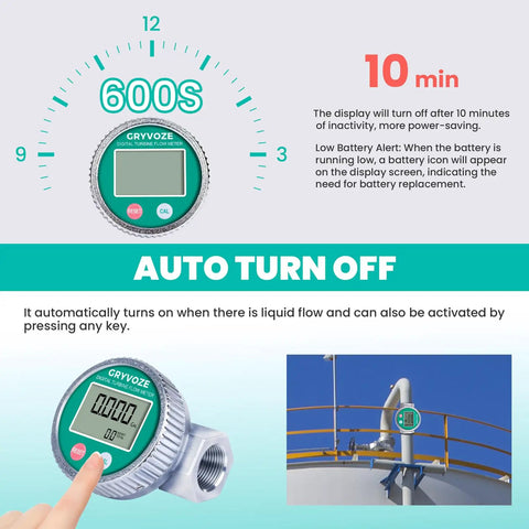 360 degree swivel connector on inline digital water and fuel flow meter kit, auto turn-off feature displayed, used in rugged environments