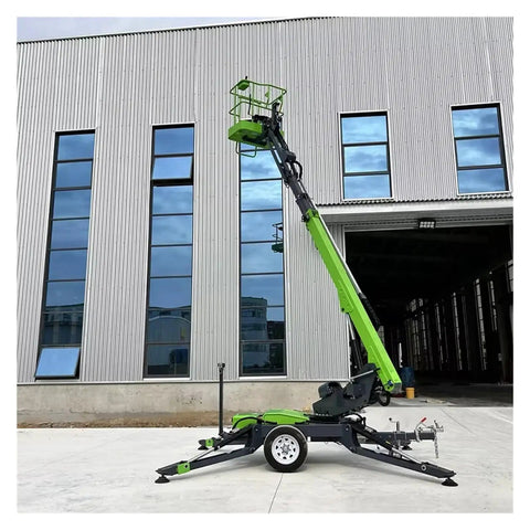 Trailer Mounted Articulating Telescopic Boom Lift Cherry Picker Spider Aerial Work Platform in front of a modern building.