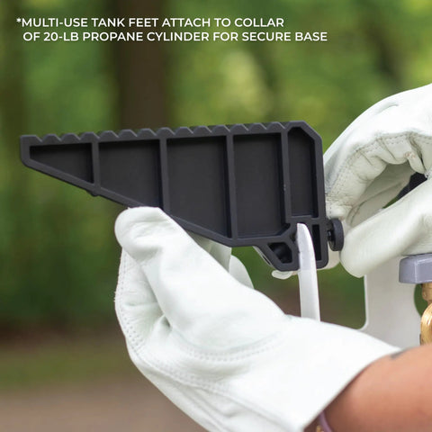 Close-up of stabilizing feet attachment for One Pound Propane Refill Kit For Refillable Tank No Fuss Fast Sixty Second Refill