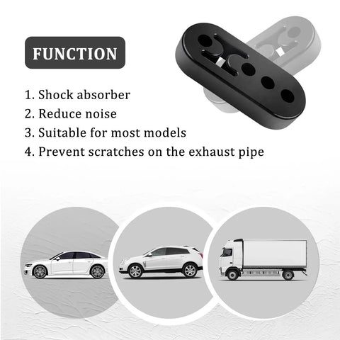 Exhaust Hanger Removal Tool Kit with 2 Four Hole Hangers, showing hanger functions like shock absorption and noise reduction
