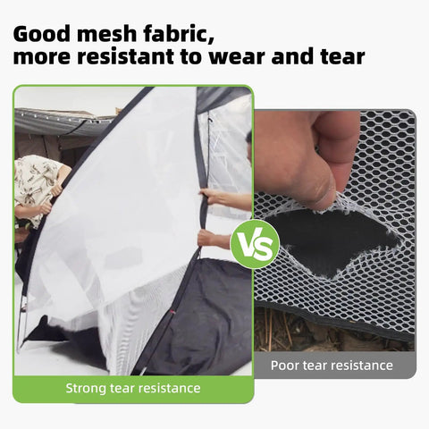Image comparing strong mesh fabric against poor tear resistance for Auto Return Golf Net 10x7ft Practice Net With 5 Balls Tri Turf Mat Portable Storage Bag Durable Hitting Net For Backyard Indoor Or Outdoor Driving Range Sweet Gift For Golf Lovers.