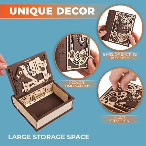 Open Book Of Secrets Steampunk 3D Puzzle Kit For Adults With Hidden Gears showcasing gear details and large storage