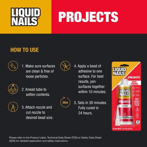 Liquid Nails heavy duty construction adhesive bottle with instructions for small projects and repairs, 4oz size, waterproof bonding glue.