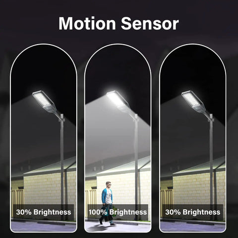300W LED solar street light with motion sensor adjusting brightness from 30% to 100% outdoors, night view, pathway lighting.