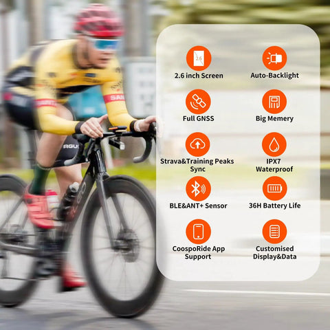 Cyclist uses Wireless GPS Bike Computer With Auto Backlight And Cadence Speed Sensor BC200 Cycling Data Tracker Bluetooth 5.0.
