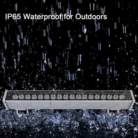 36W RGB Wall Washer Light IP65 Waterproof Outdoor LED Strip in rain, showcasing water resistance for bridges, hotels, mega bars.