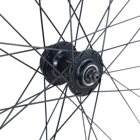 Close-up of Front 100mm QR hub on Versatile Mountain Wheelset For 26, 27.5, And 29 Inch Bikes With 6-Bolt Disc Brakes