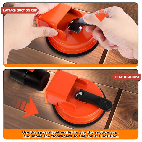 Floor Gap Repair Tool For Laminate Wood Tile And Vinyl Floors With Durable Iron Build Compact Design And Rubber Hammer Suction Cup Feature Makes Gap Fixes Quick And Clean No Mess Designed For DIY Home Floors shown in use