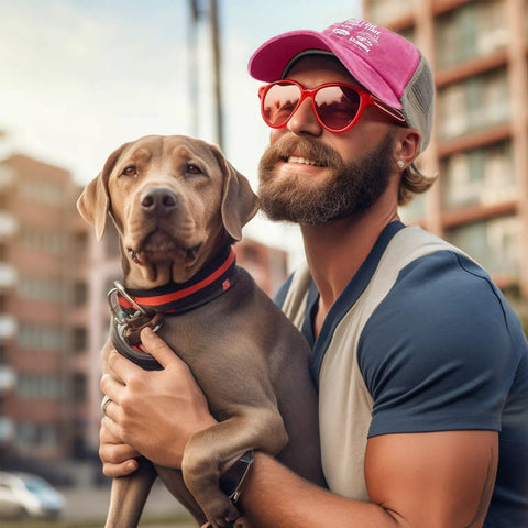 Man wearing Funny Spare Time Humor RV Camper Sun Hat For Him Pink Running Cap with dog in urban setting