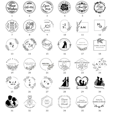 Collection of custom designs for Hella Durable Brass Wax Seal Stamp, featuring various wedding and event logos.