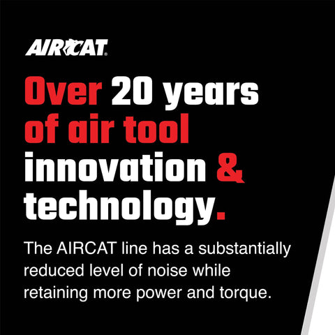 Graphic highlighting AIRCAT's 20 years of air tool innovation and technology with reduced noise and increased power.
