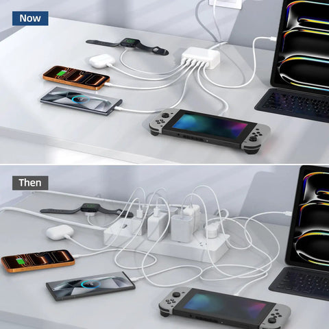 Comparison of desk setup showing 6 In 1 USB Charging Station For Multiple Devices, 100W Fast Charging Hub with Type C and USB A Ports, tidy versus cluttered.